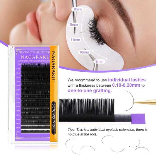 NAGARAKU Classic Individual Eyelash Extensions – Matte Black, D Curl, 0.07mm, 7–15mm Mix Tray (16 Lines)